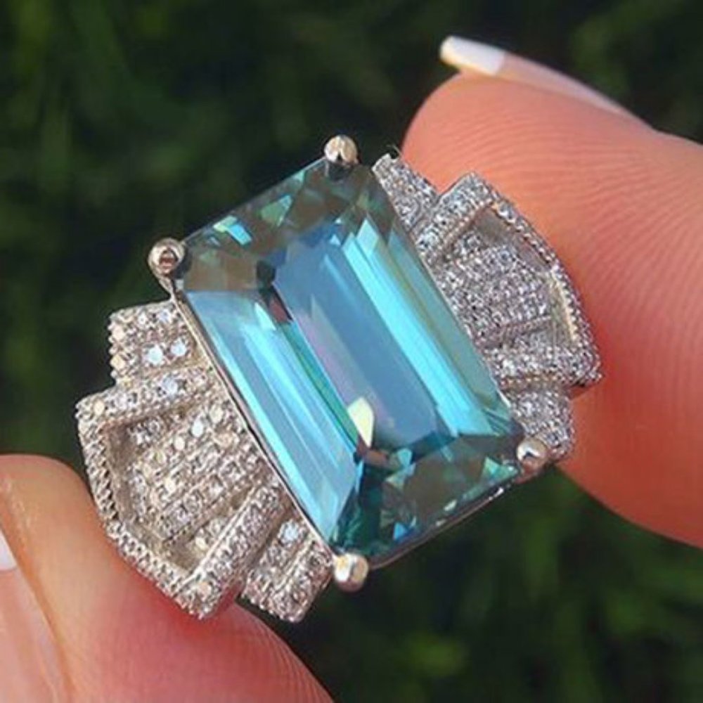 18K White Gold Blue Topaz Diamond Radiant Cut Ring - Picture 2 of 5